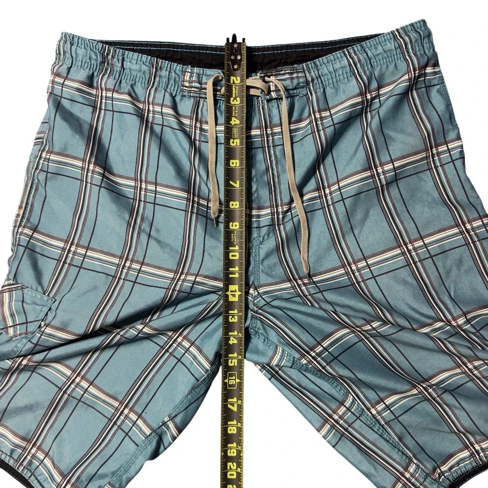 Burnside Board Shorts Mens Medium Blue Plaid Swim Trunks Cargo Pocket Drawstring